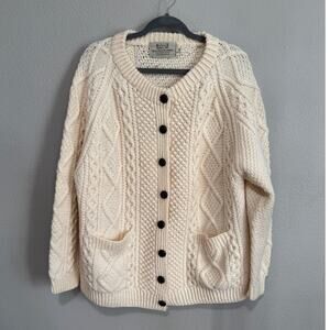 Aran Sweater Market Irish 100% Merino Wool Cream Cardigan Size XL